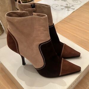 Casadei suede, brown, and tan patchwork high healed pointed to booty